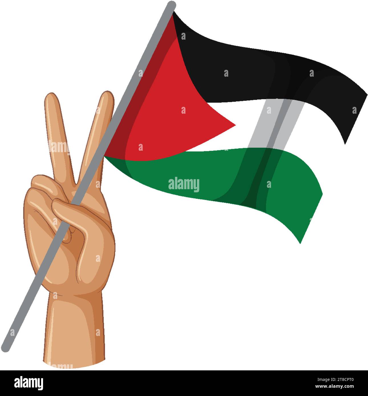 Illustration of a hand holding a Palestine flag with a peace sign Stock