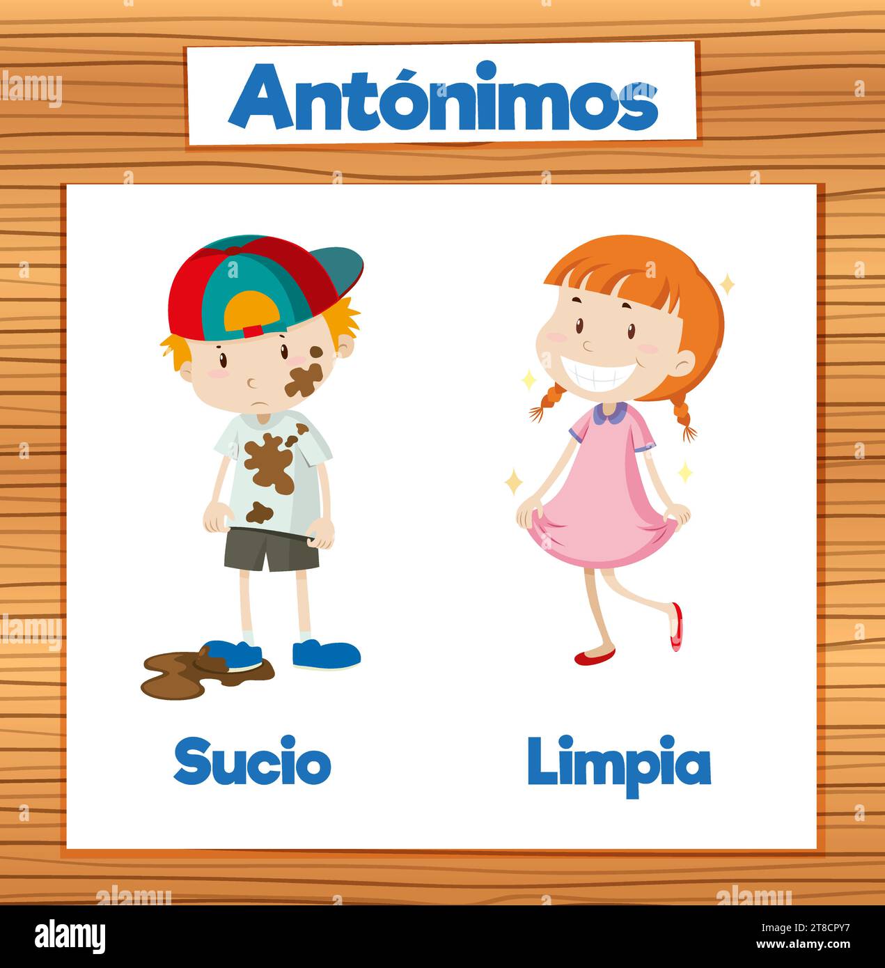 A vector cartoon illustration of antonyms in Spanish means dirty and