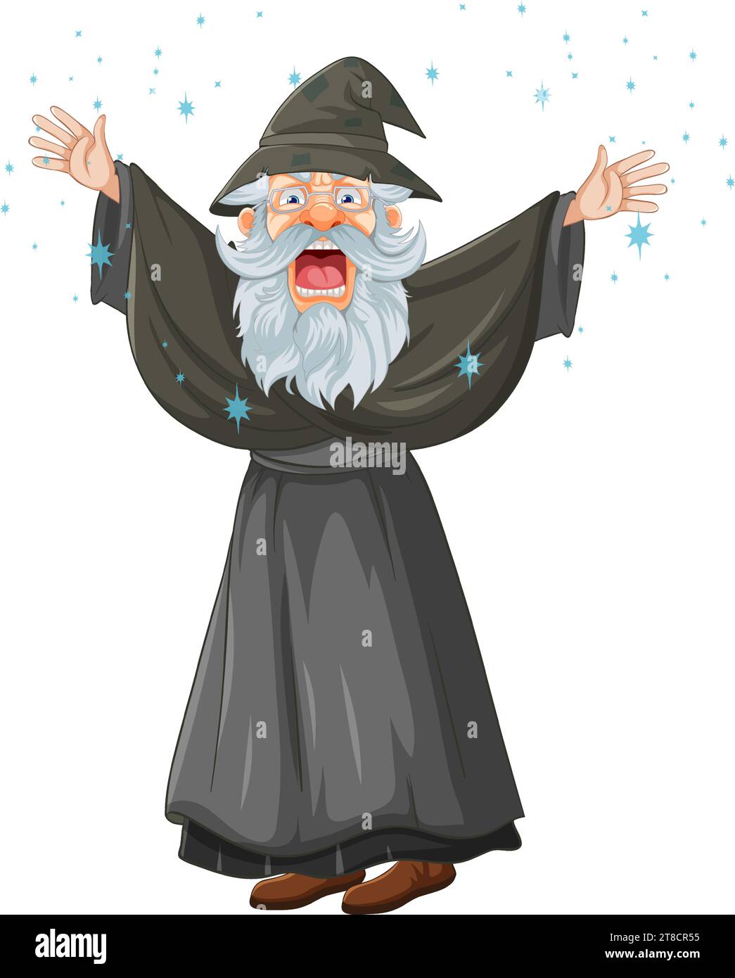 A spooky old man with a wizard's attire casting spells Stock Vector