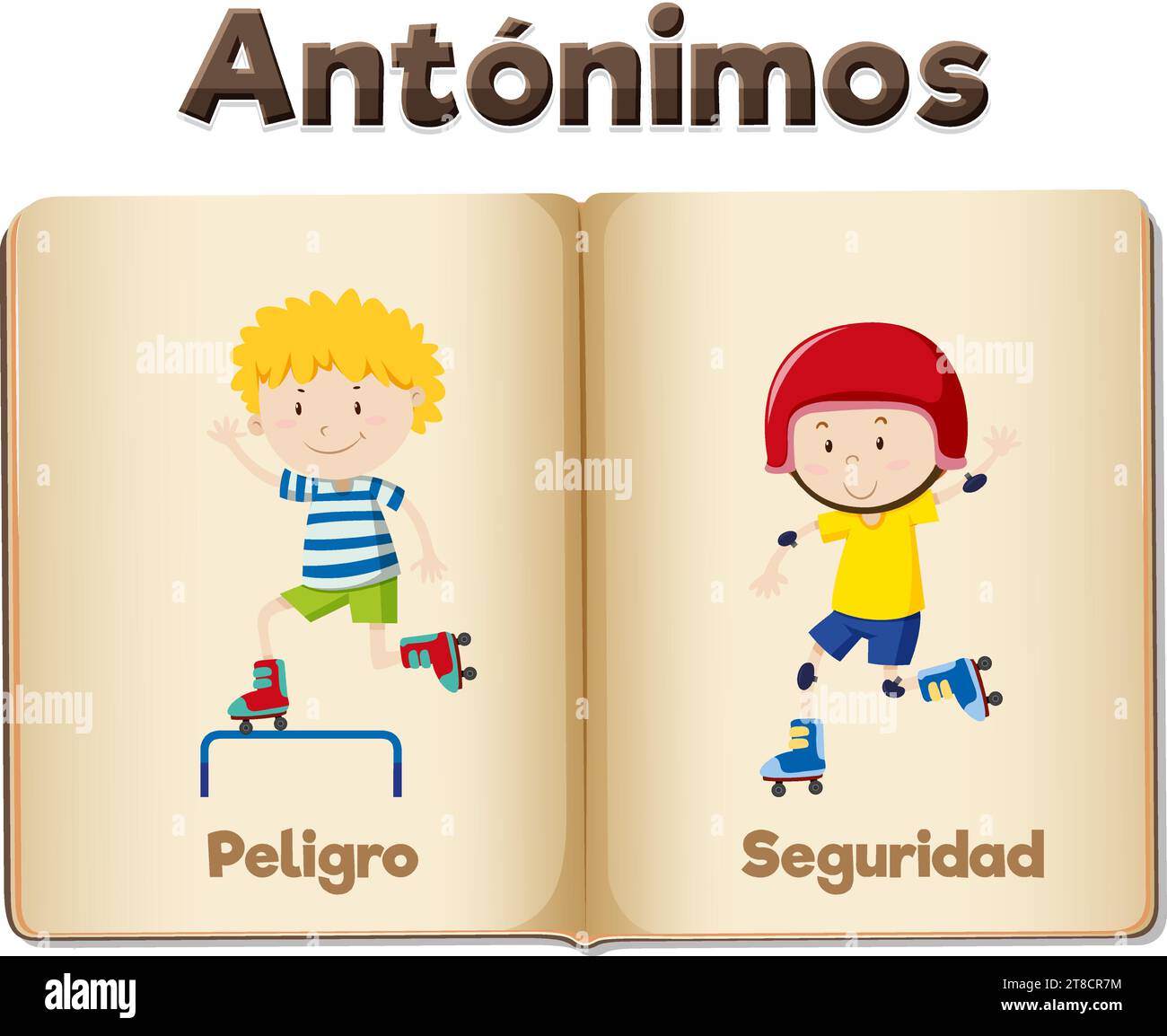 Illustrated word card with antonyms in Spanish means danger and safety