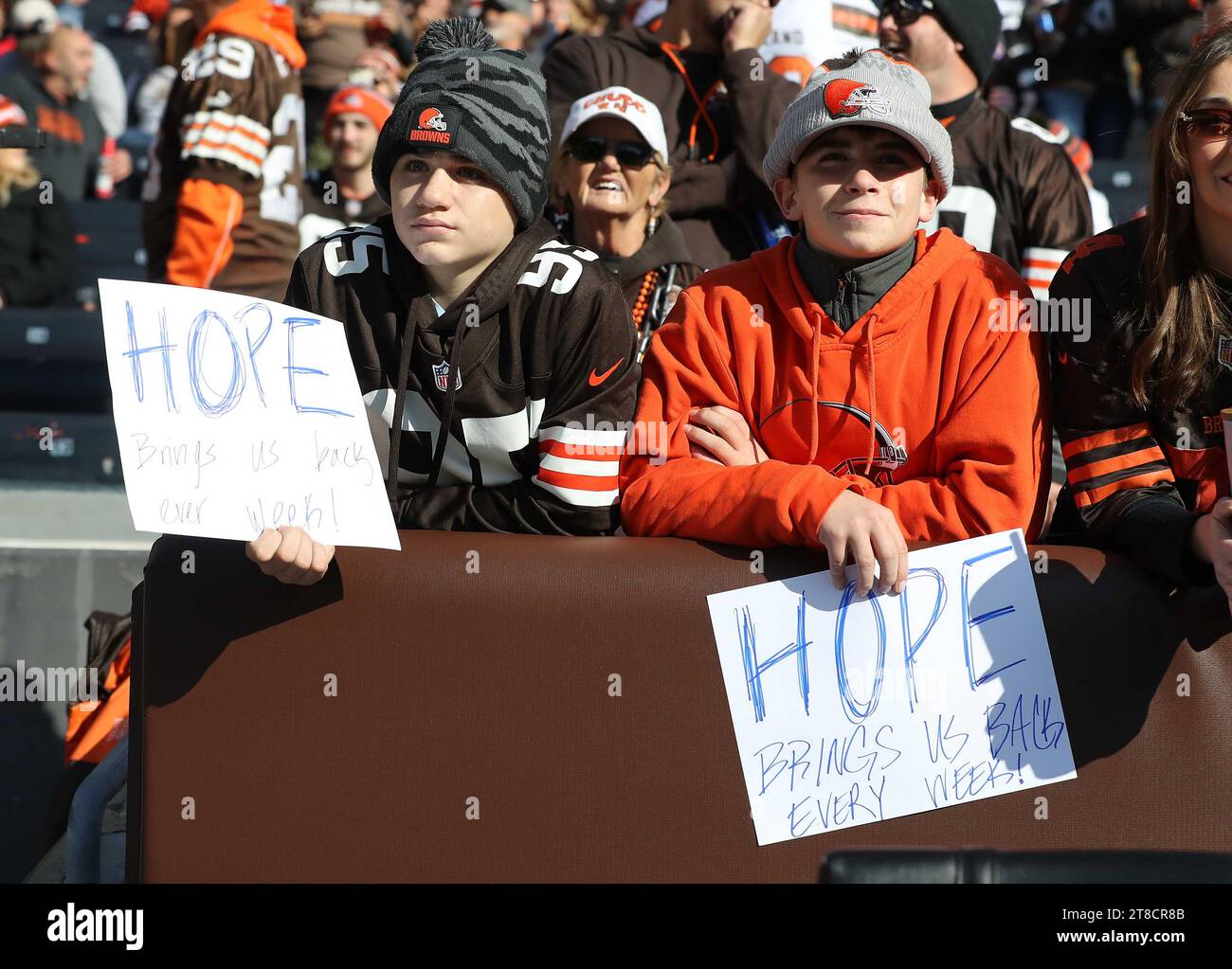 Cleveland, United States. 19th Nov, 2023. Cleveland Brown's fans look on during the second quarter of the Browns game against the Pittsburgh Steelers in Cleveland, Ohio Sunday, November 19, 2023. Photo by Aaron Josefczyk/UPI Credit: UPI/Alamy Live News Stock Photo