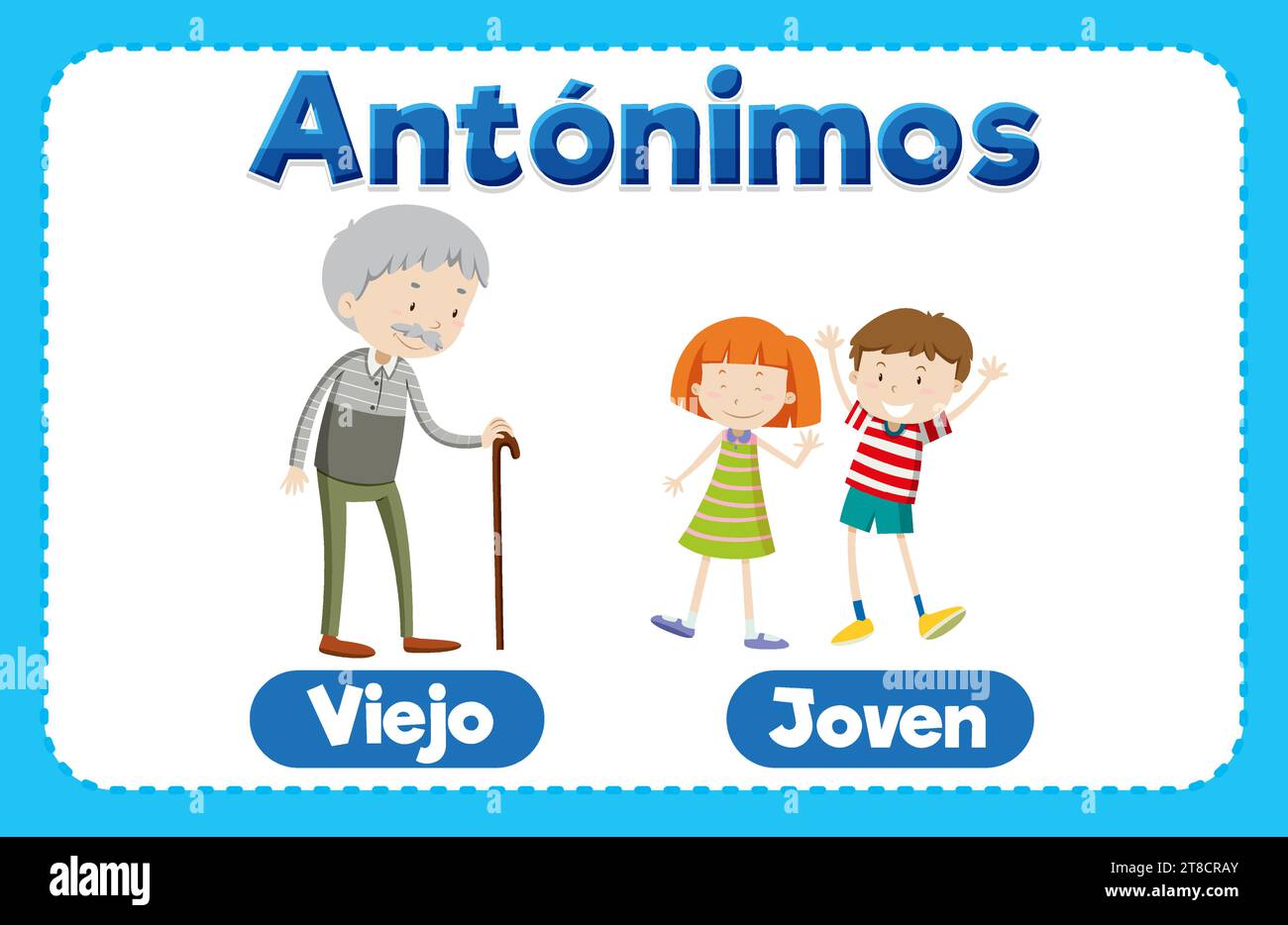 Learn Spanish vocabulary with a cartoon illustration of old and young Stock Vector