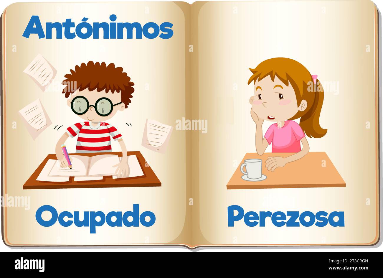 A vector cartoon illustration of the Spanish words for busy and lazy
