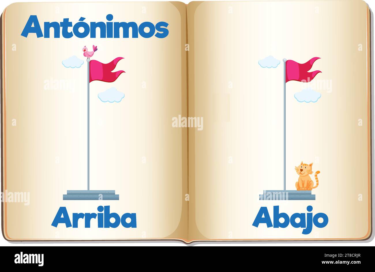 Learn Spanish antonyms with a fun cartoon illustration means up and down Stock Vector Image