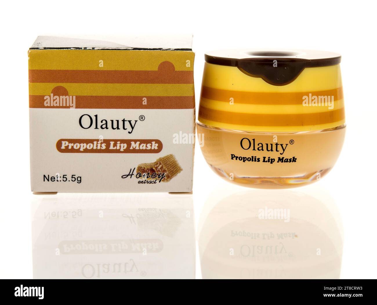 Winneconne, WI - 24 October 2023:  A package of Olauty propolis lip mask on an isolated background Stock Photo