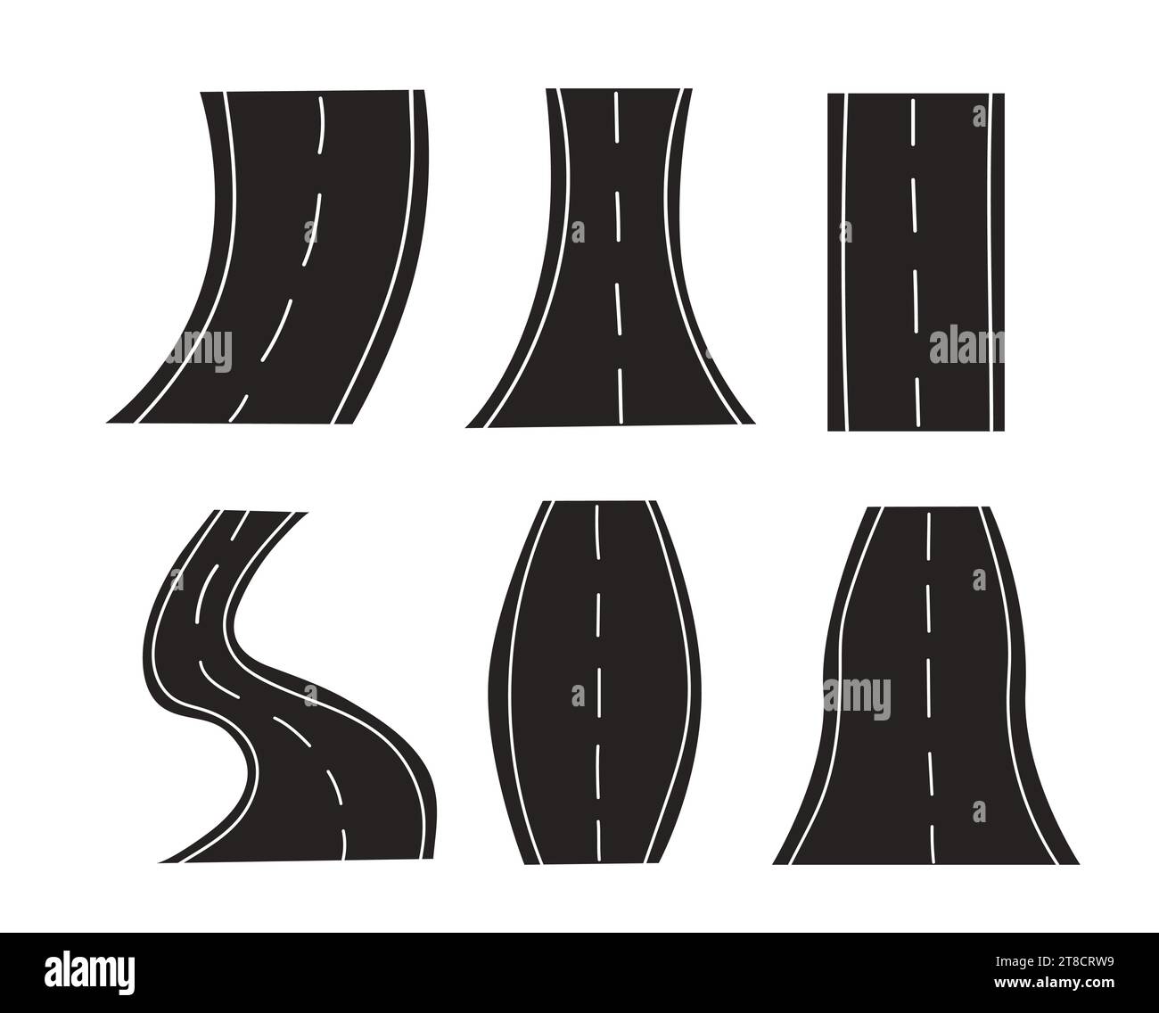 Set of bending roads and highways isolated on white background. Logo, icon, sticker, sign path way. Vector flat illustration. Stock Vector