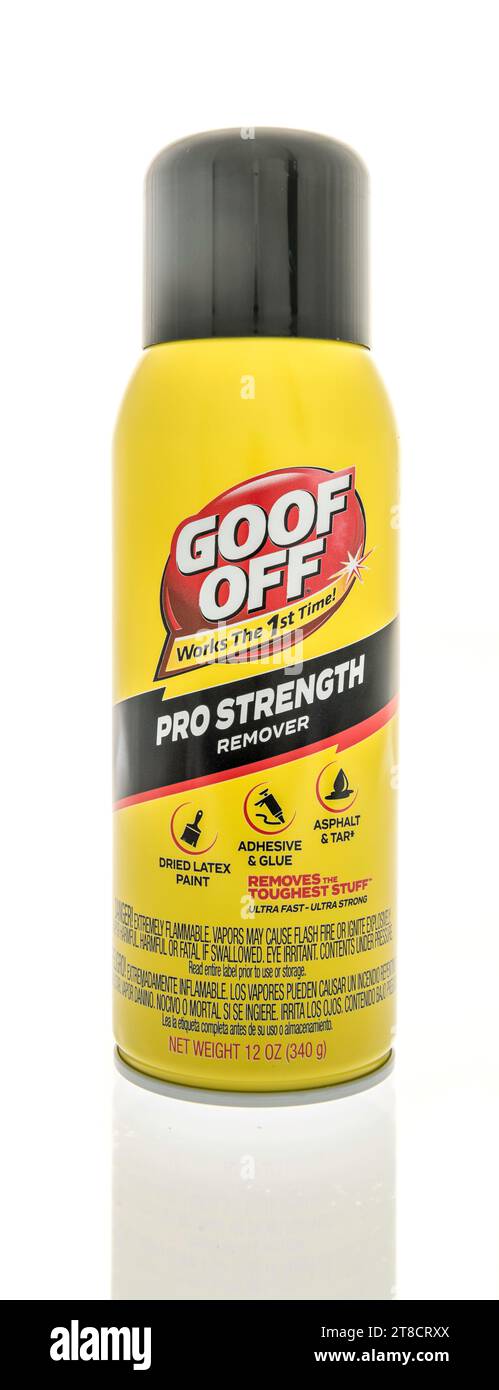 Winneconne, WI - 28 October 2023:  A can of Goof off pro strength remover on an isolated background Stock Photo