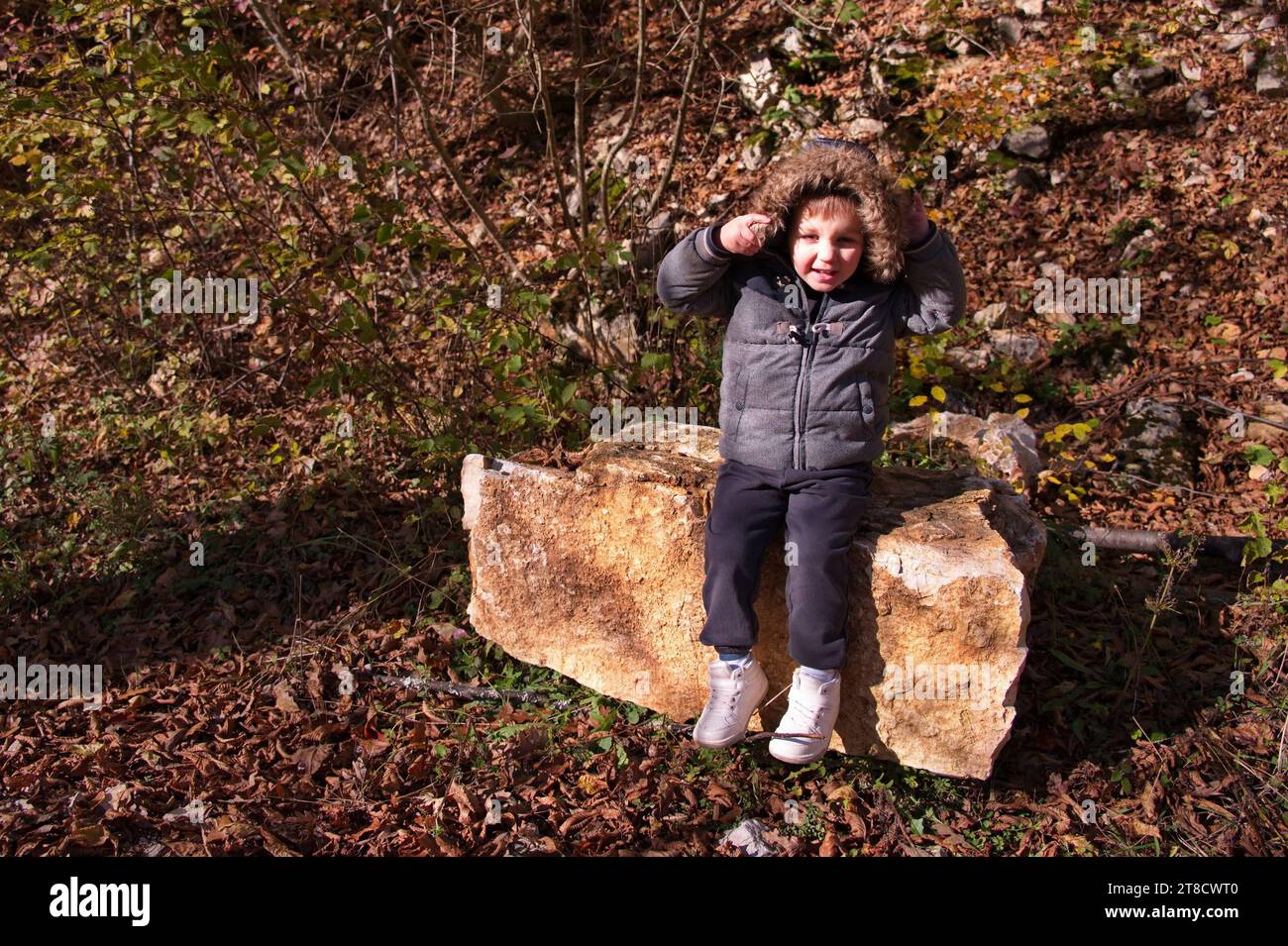 Little toddler sitting on a rock in autumn forest Stock Photo