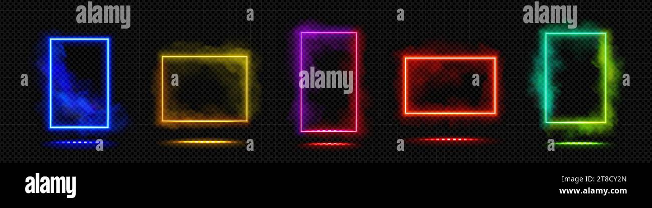 Colorful neon light rectangles set isolated on transparent background. Vector realistic illustration of frames in clouds of smoke, magic gate glowing in dark space, teleport door, night show decoration Stock Vector