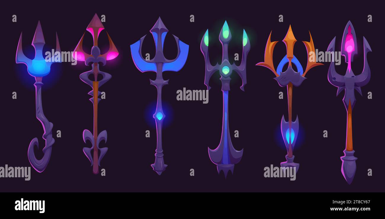 Cartoon god trident - vector illustration set of poseidon or neptune staff with three ends and glowing jewelry decorations. Magic fantasy game asset of metallic spear with fork limb and gemstones. Stock Vector