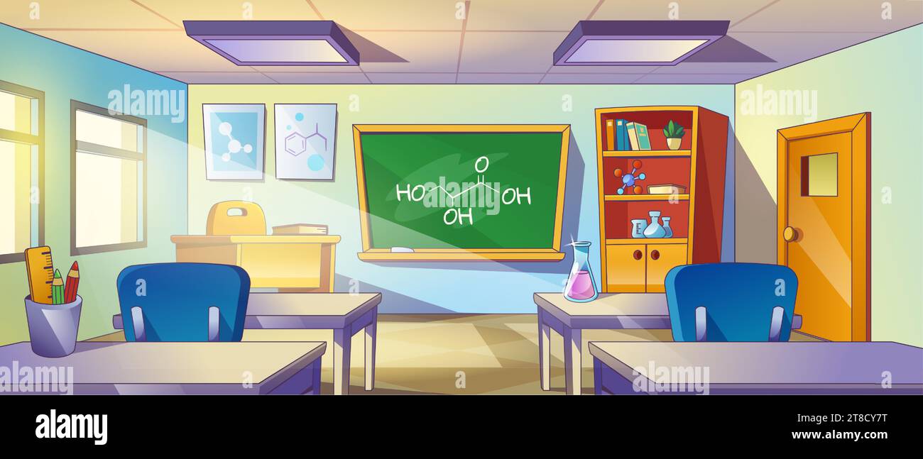 School lab interior with furniture and equipment for studying. Cartoon