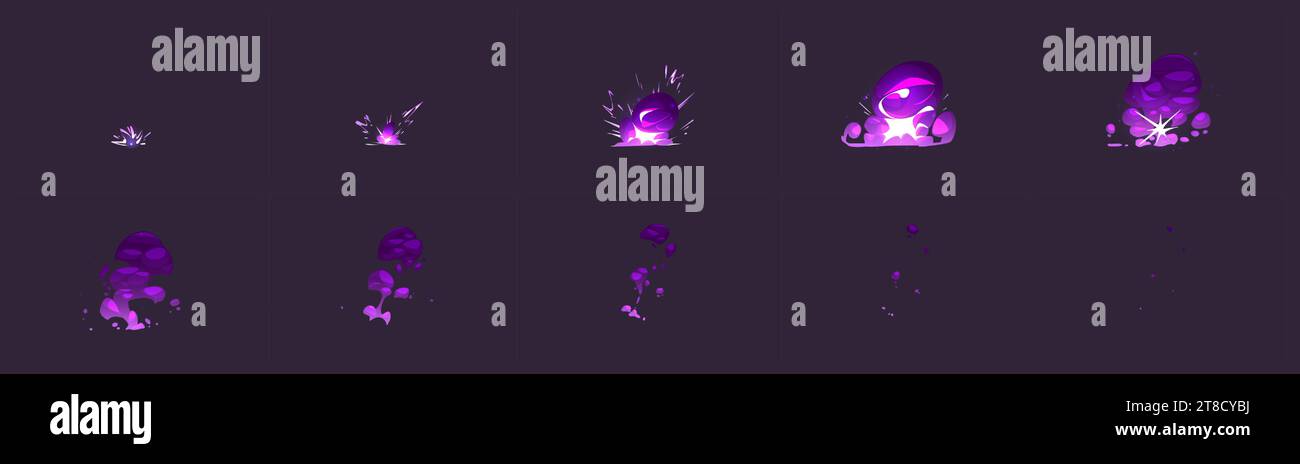 Magic explosion with purple flash and steam sprite sheet for 2d animation. Cartoon vector set of sequence for explosive effect with fire, smoke and sparkles. Energy of bomb or dynamite blast clouds. Stock Vector