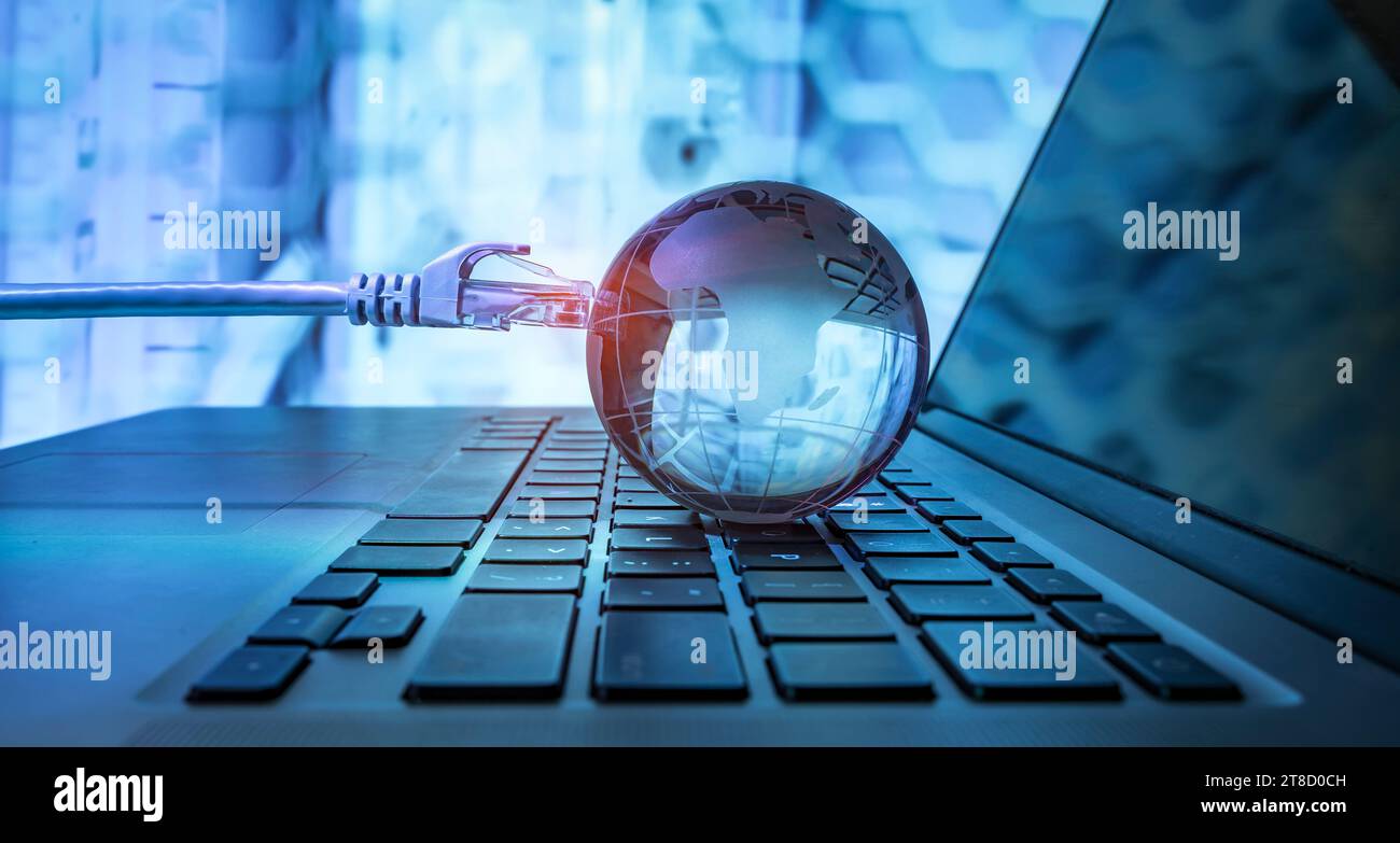 world map technology style against fiber optic background Stock Photo