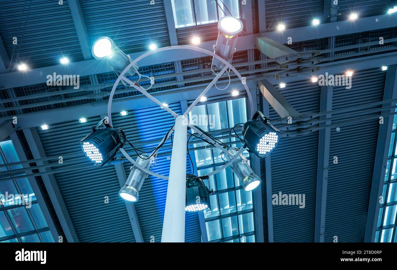 LED stage lighting fixtures at the show Stock Photo Alamy