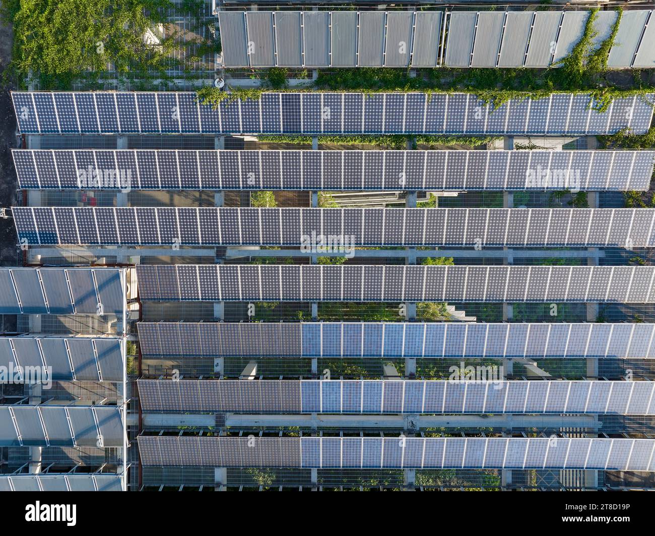 solar or photovoltaic cell in panel on roof top building,Technology to generate electrical power, direct current electricity by light. Green clean ene Stock Photo