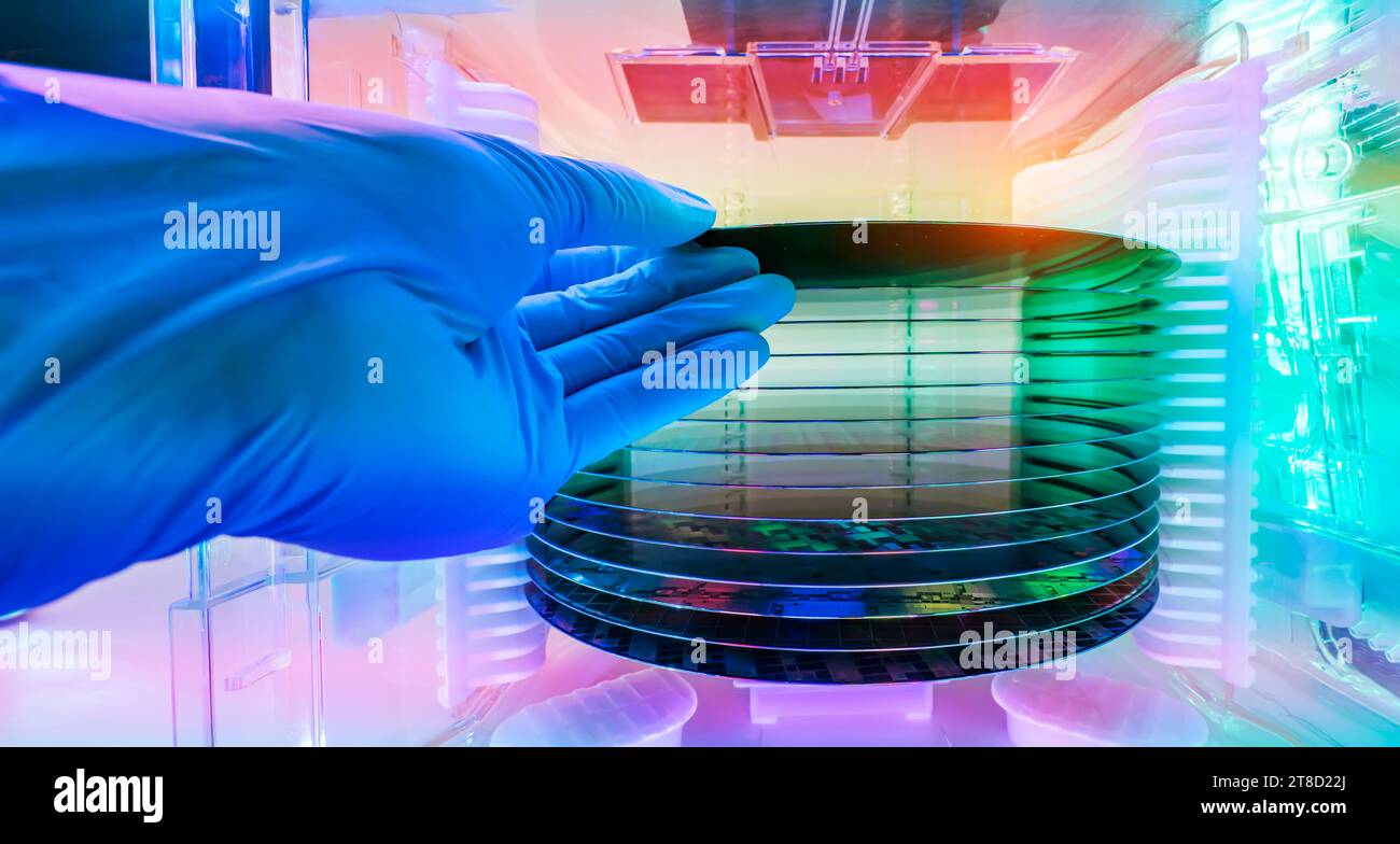 Gloved Hand Holding a Silicon Wafer in plastic holder box used in electronics for the fabrication of integrated circuits Stock Photo