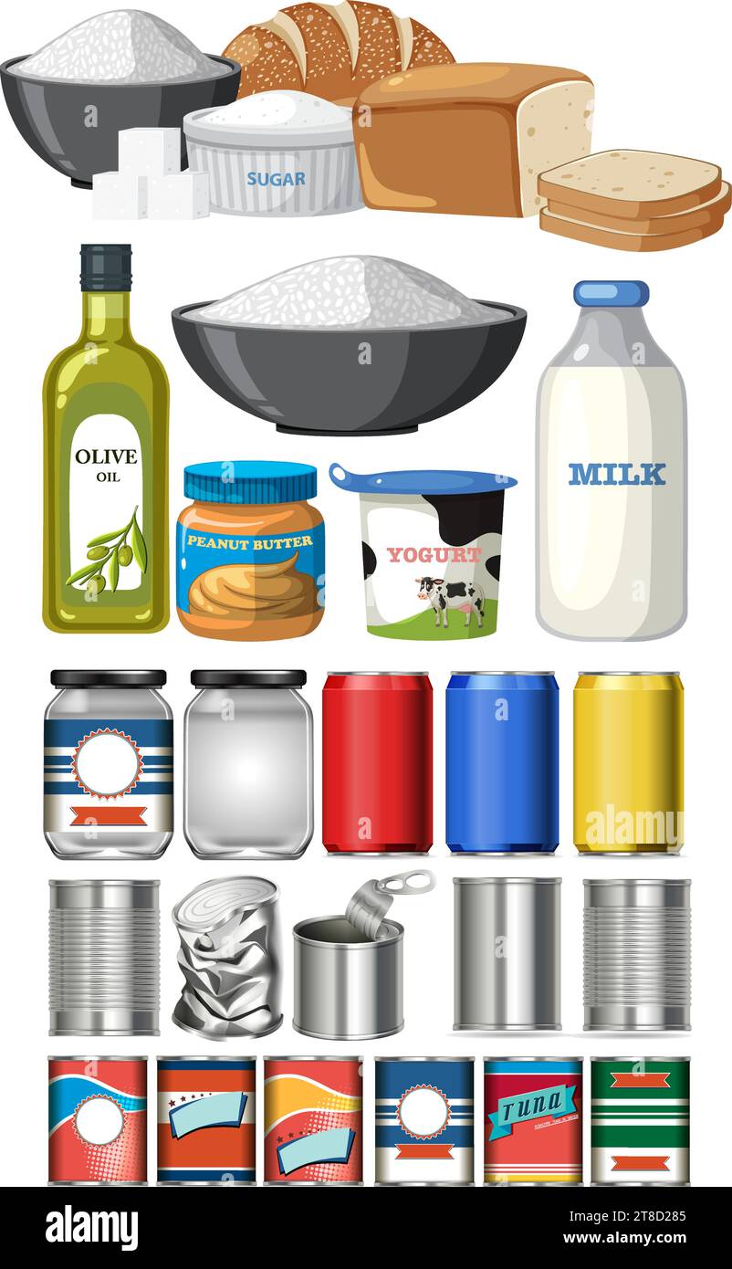 Illustration of a set of organic products with labeled containers Stock ...