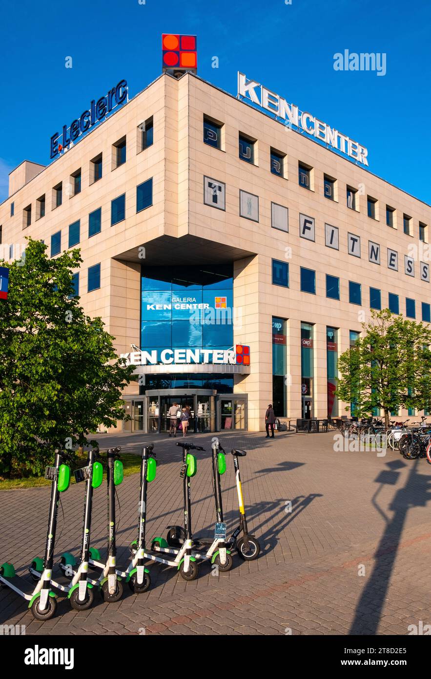 Warsaw, Poland - May 28, 2021: Electric scooters in front of KEN Center complex at KEN and Ciszewskiego street in Stoklosy quarter of Ursynow Stock Photo