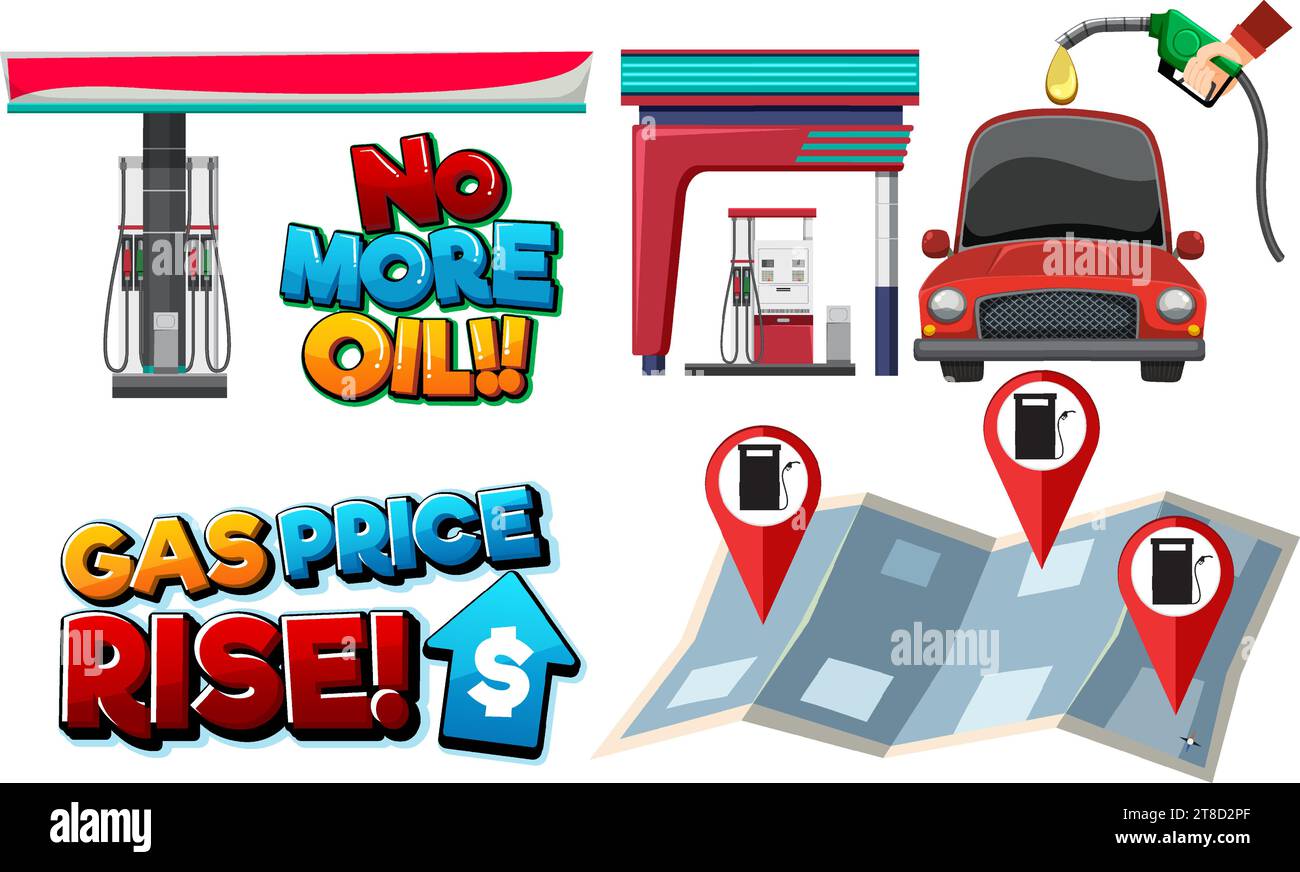 Illustration of gas price increase and fuel station locations Stock