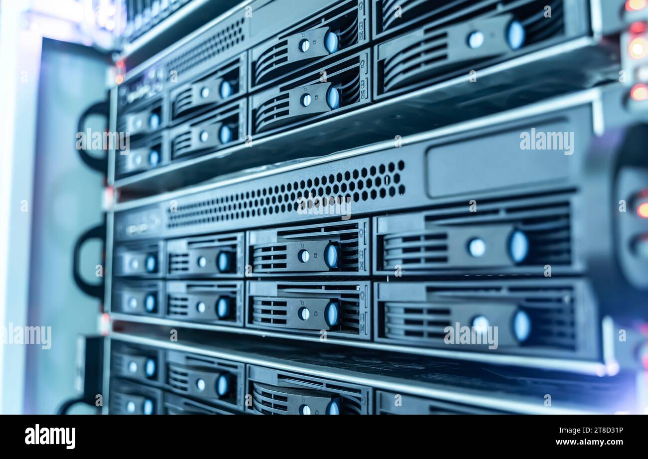 Panel of modern servers in the data center Stock Photo