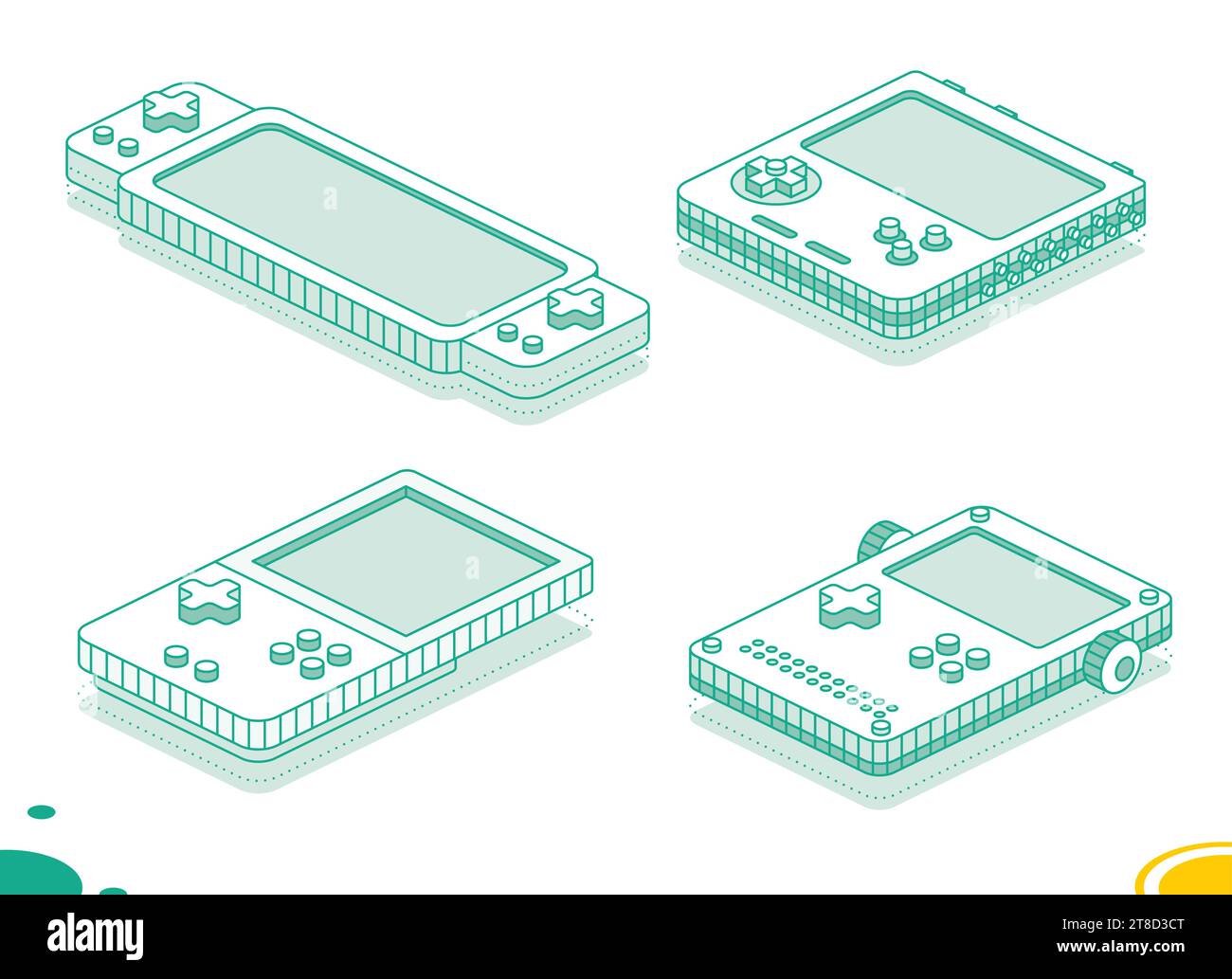 Isometric portable handheld retro gaming console with buttons. Collection of items. Outline concept. Vector illustration. Object isolated. Stock Vector