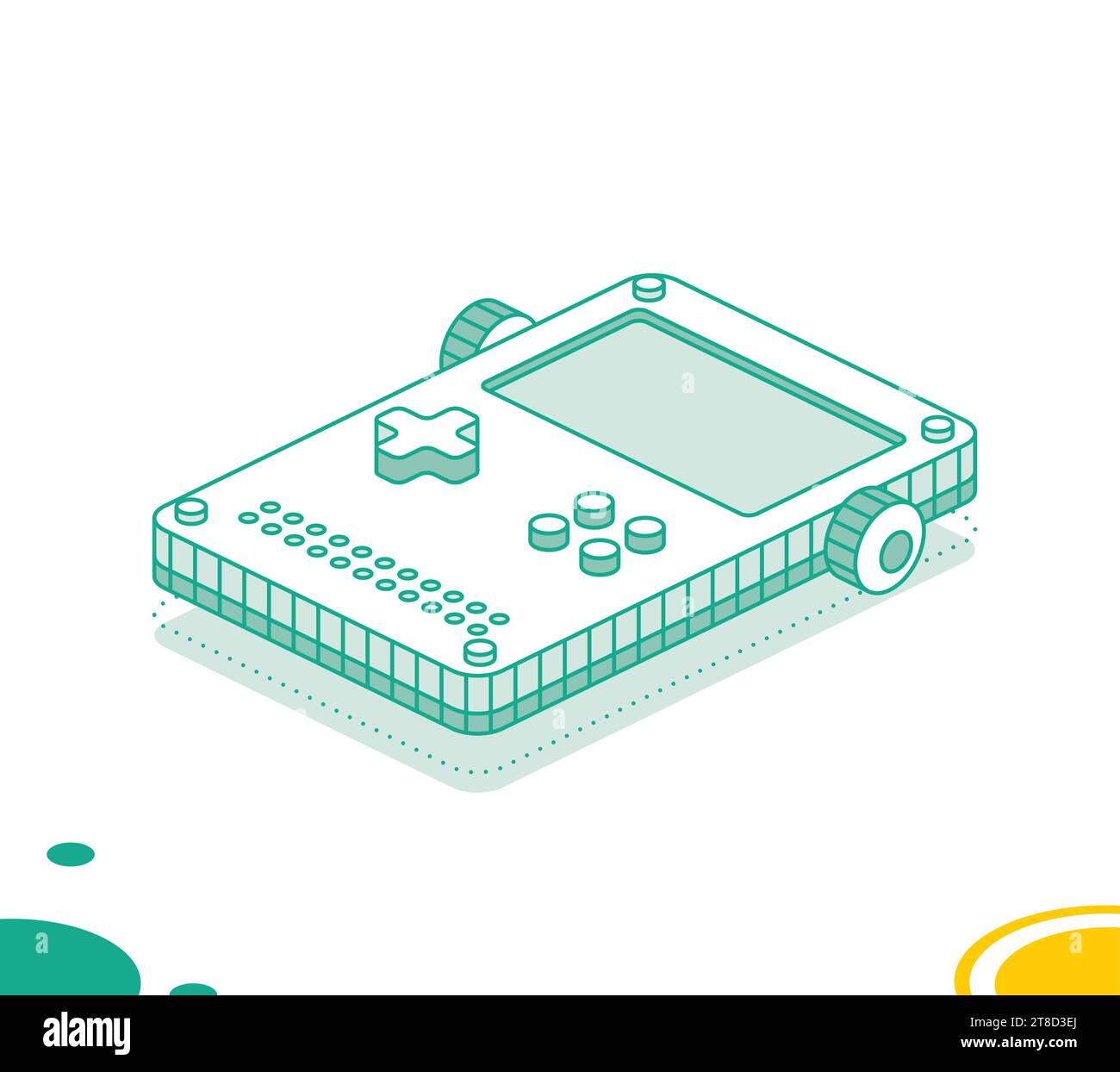 Isometric portable handheld retro gaming console with buttons. Outline concept. Vector illustration. Object isolated on white background. Stock Vector