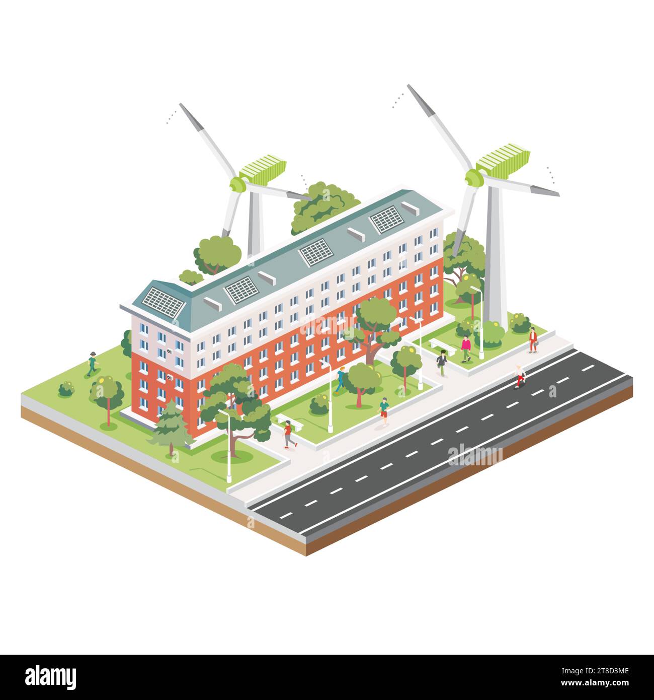 Isometric Residential Five Storey Building with Solar Panels with Wind Turbines. Green Eco Friendly House. Infographic Element. Vector Illustration. Stock Vector
