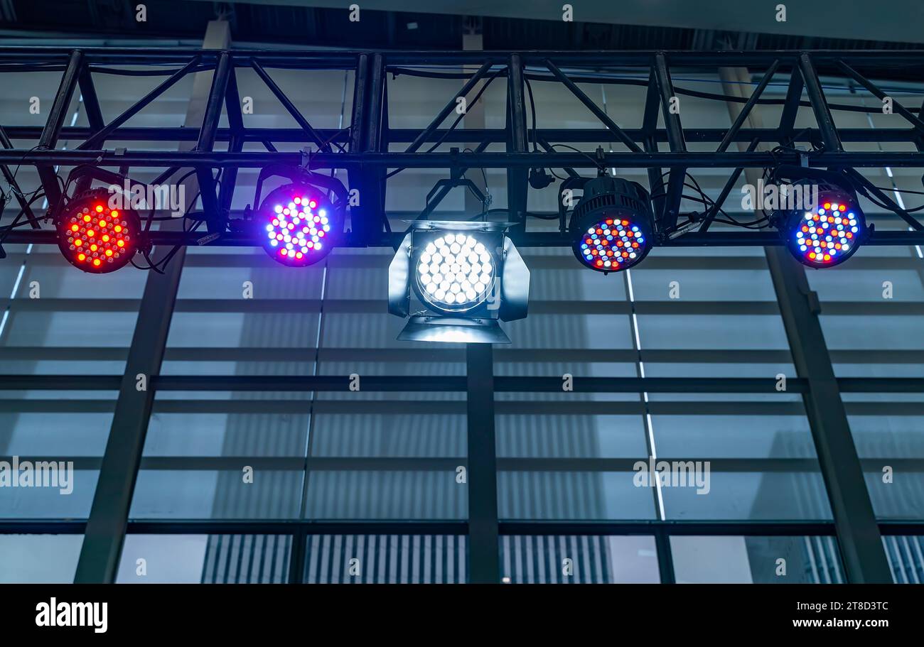 LED stage lighting fixtures at the show Stock Photo Alamy