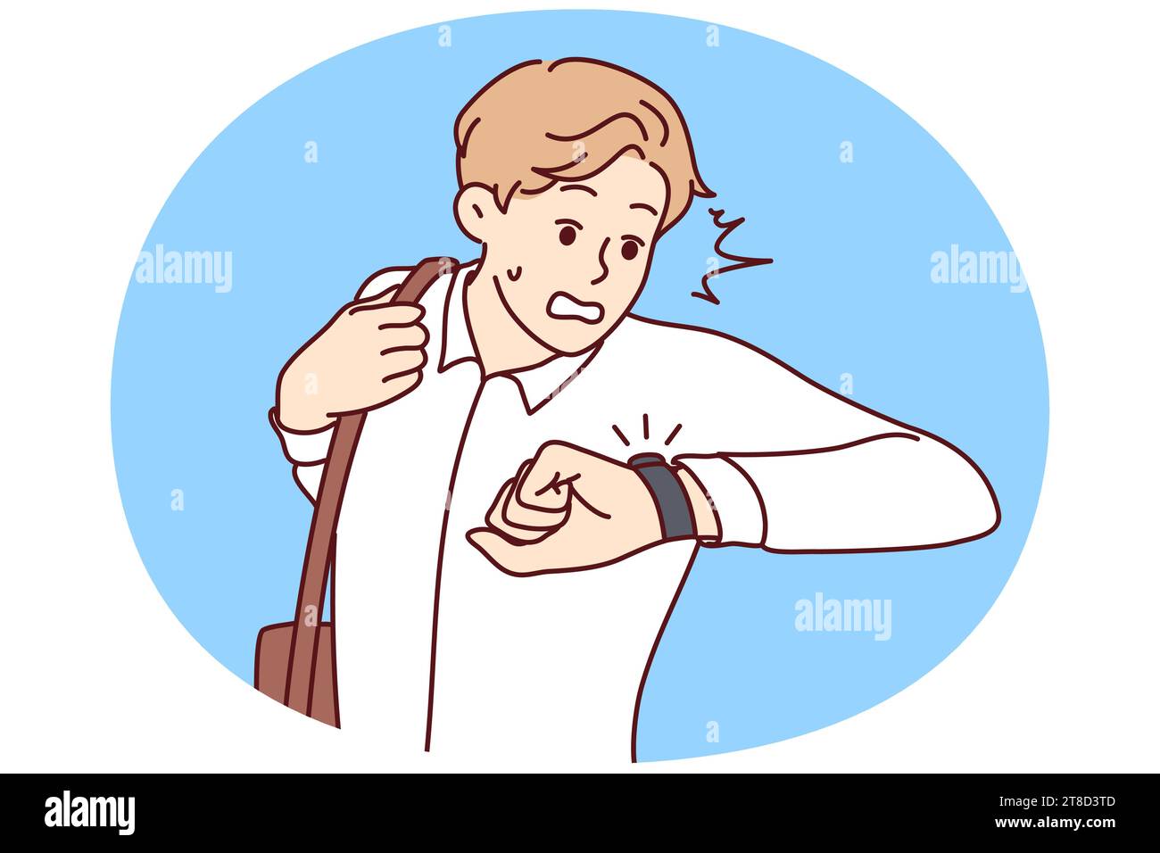 Stressed man look at wristwatch being late for work. Unhappy guy check