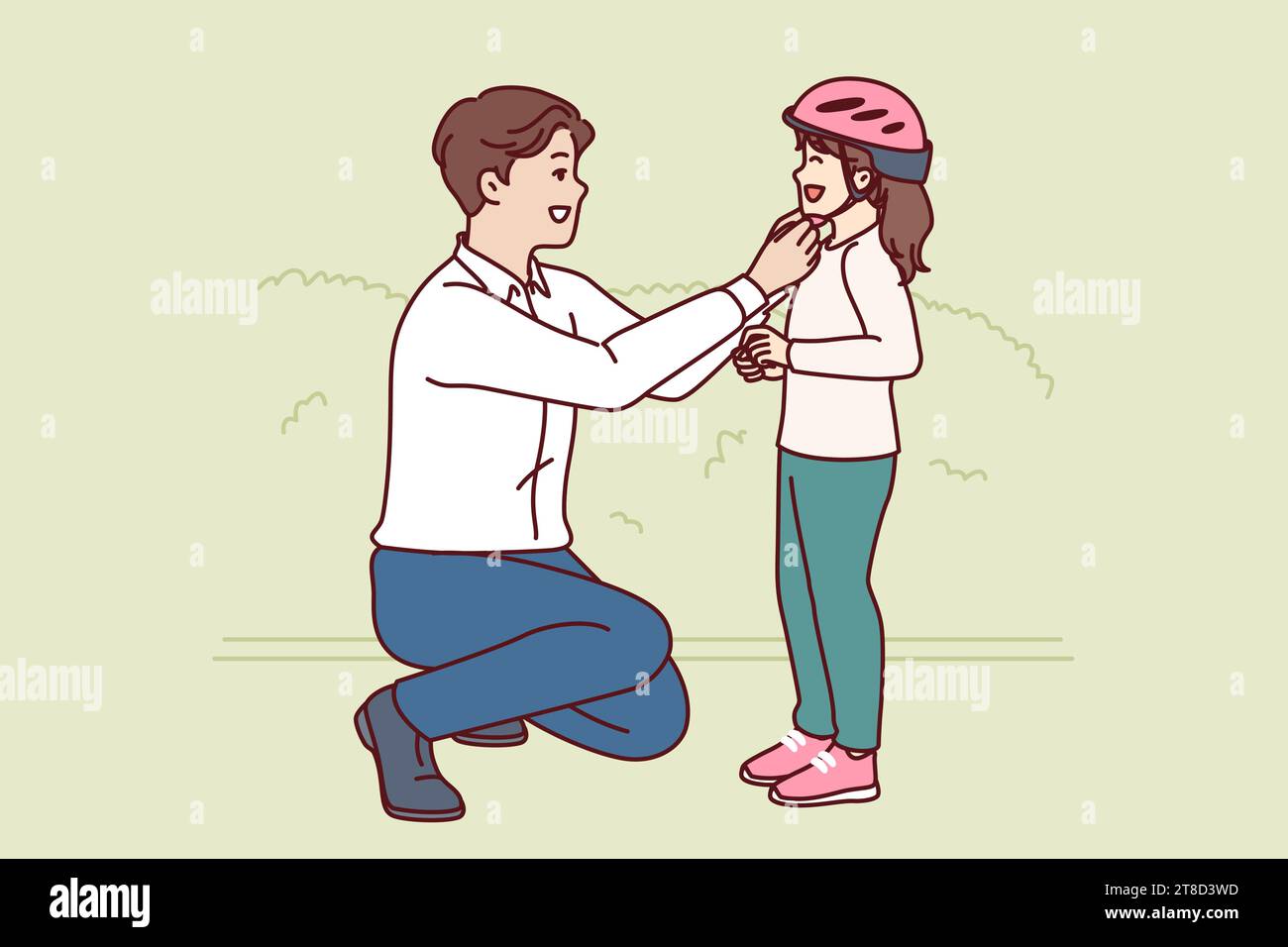 Caring father puts bicycle helmet on head of cyclists daughter to
