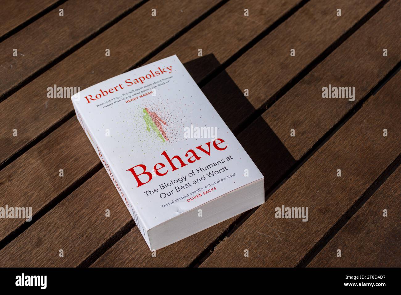 Close-up Robert Sapolsky's Behave book on a wooden table. Stock Photo