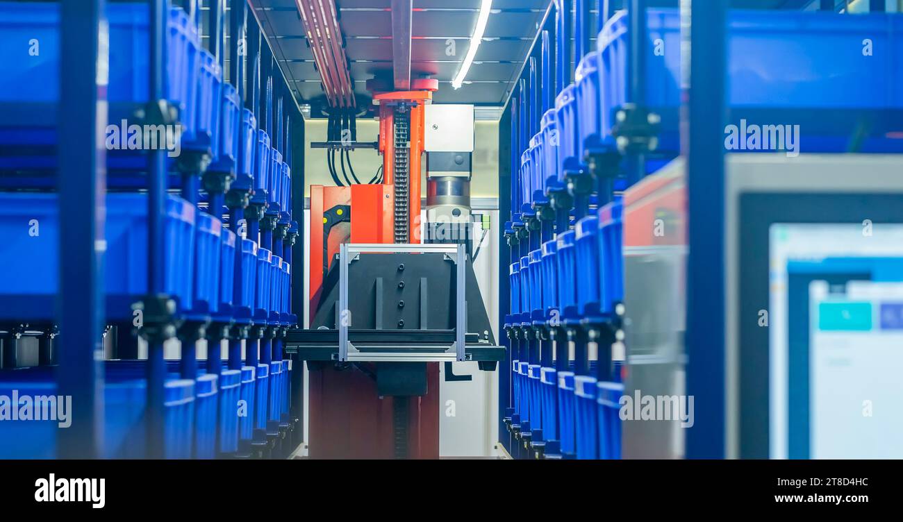 plastic boxes in the cells of the automated warehouse. Metal