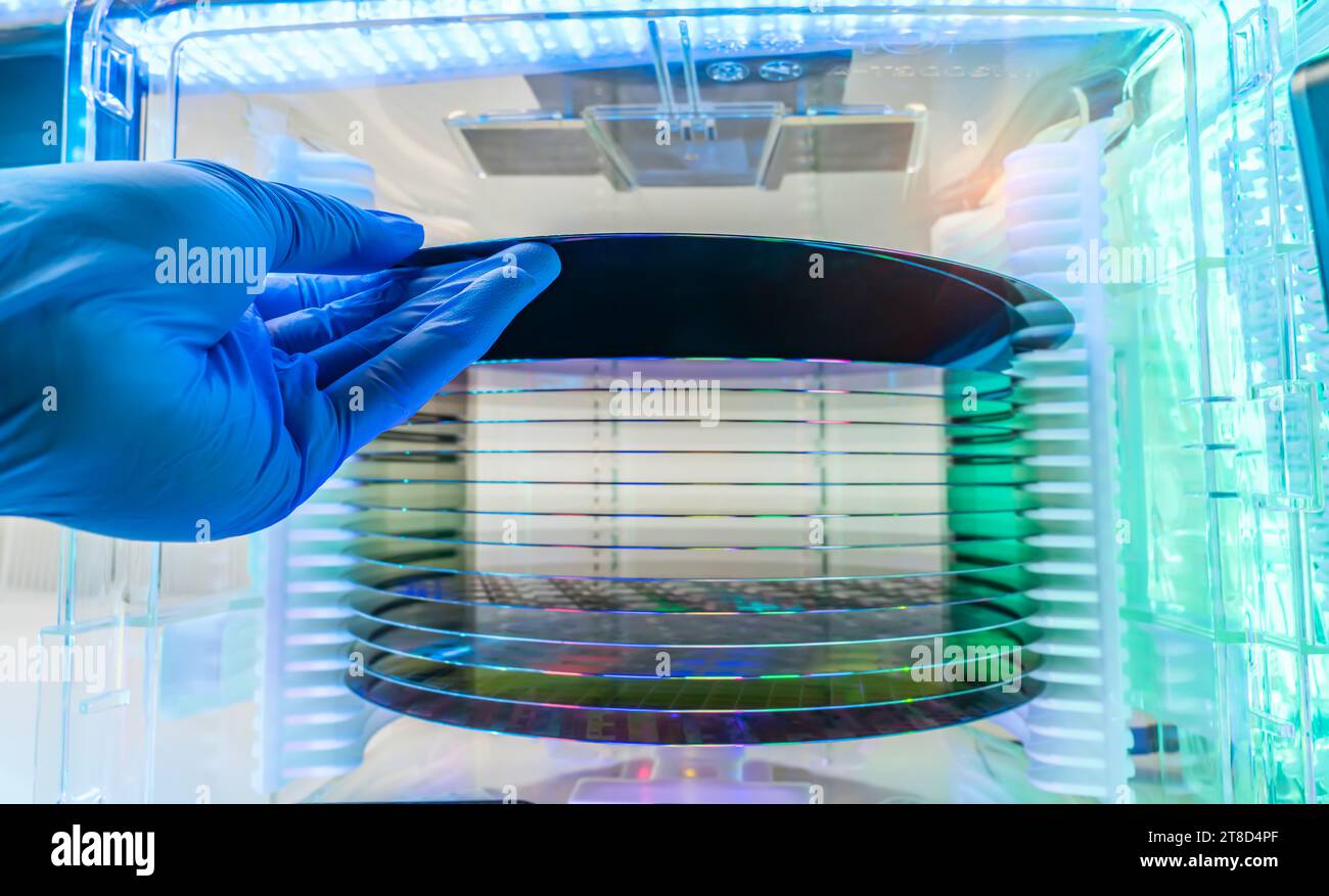 Gloved Hand Holding a Silicon Wafer in plastic holder box used in electronics for the fabrication of integrated circuits Stock Photo