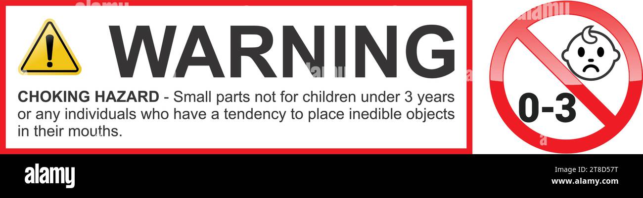 Warning Sign with the message: CHOKING HAZARD Be careful of Sharp Edges, Not for children under 3 years. Yellow Triangle Warning Sign, Not for childre Stock Vector