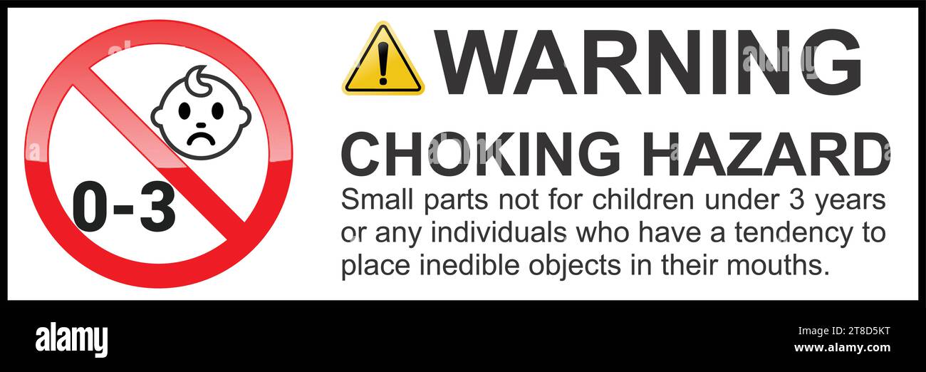 Warning Sign with the message: CHOKING HAZARD Be careful of Sharp Edges, Not for children under 3 years. Yellow Triangle Warning Sign, Not for childre Stock Vector