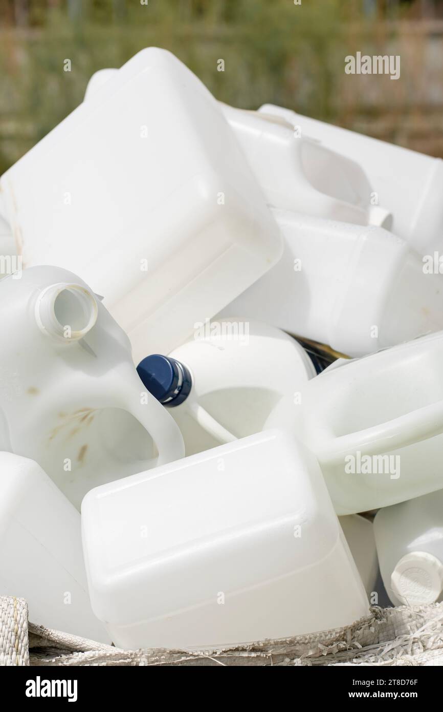 Stack of white plastic bottles for recycle Stock Photo