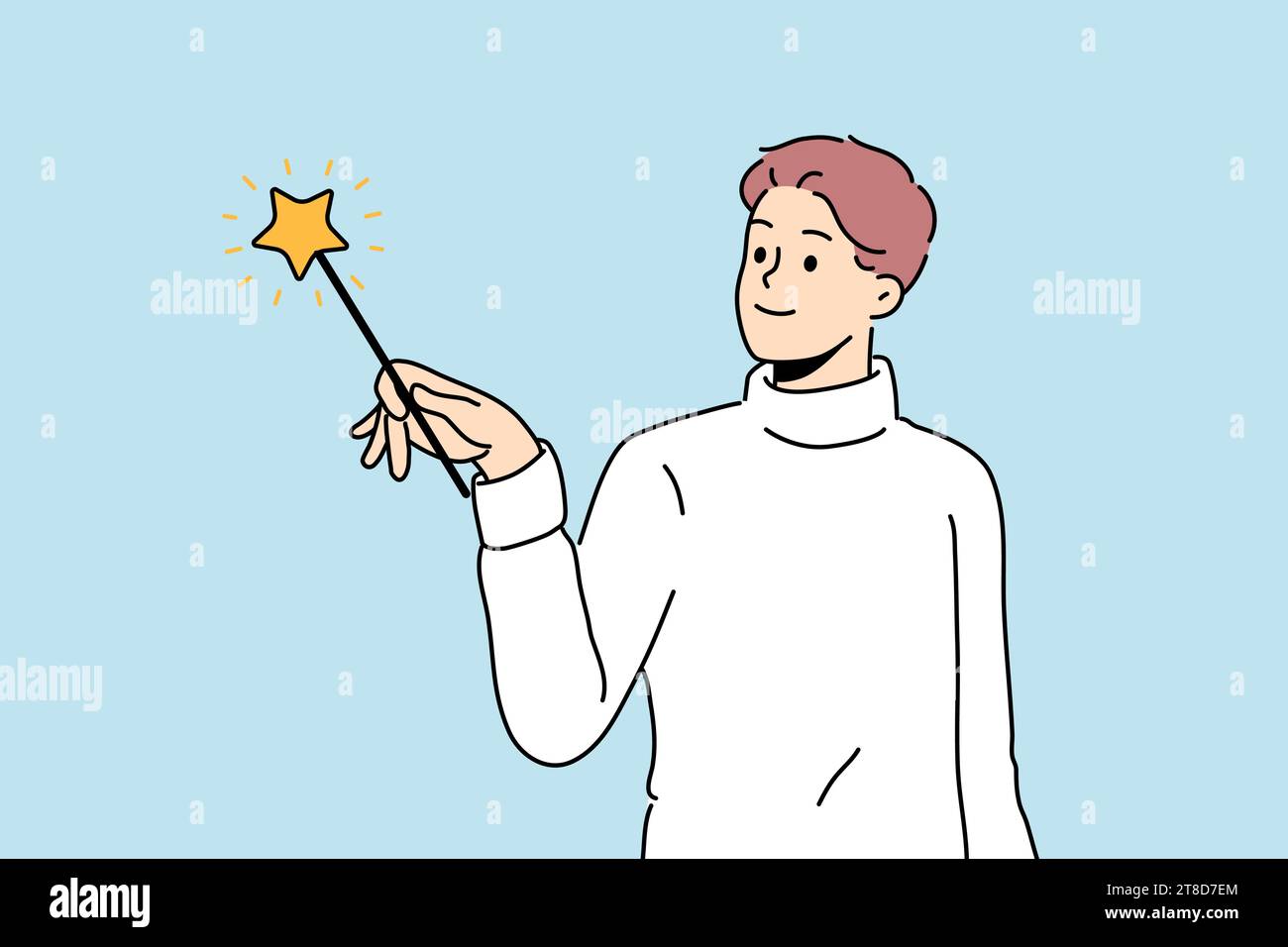 Man wizard uses fairy magic wand and casts enchanting spell during witchcraft or magic trick. Fairy guy offers to visit magical sale with unrealistically low prices and amazing shopping discounts Stock Vector