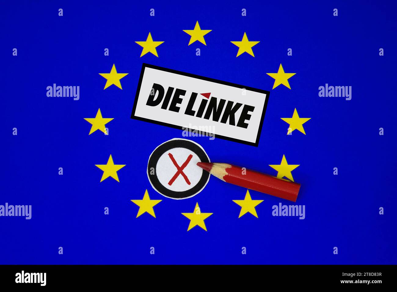 EUSymbol für Europawahl 2024 mit Die Linke sowie Wahlkreuz und