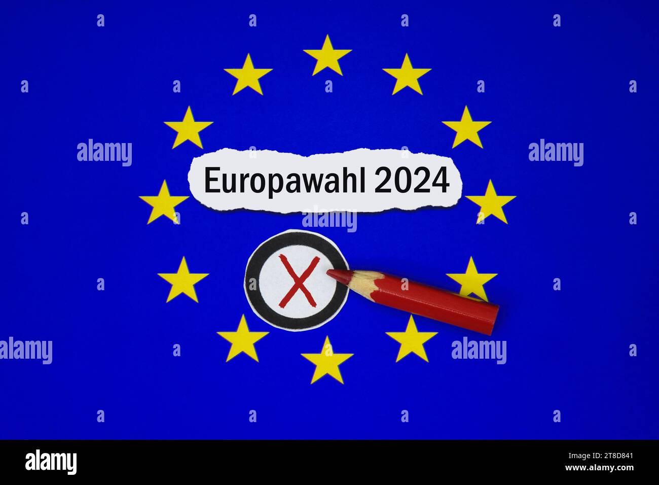 EUSymbol mit Europawahl 2024 sowie Wahlkreuz und Rotstift EUSymbol