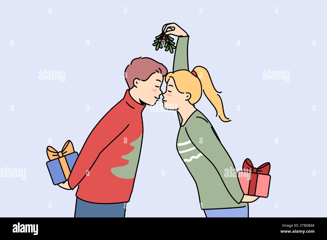 Christmas couple with gift boxes kisses and holds fir cones in hands, preparing to exchange new year presents. Husband and wife in christmas sweaters celebrate winter holidays together Stock Vector