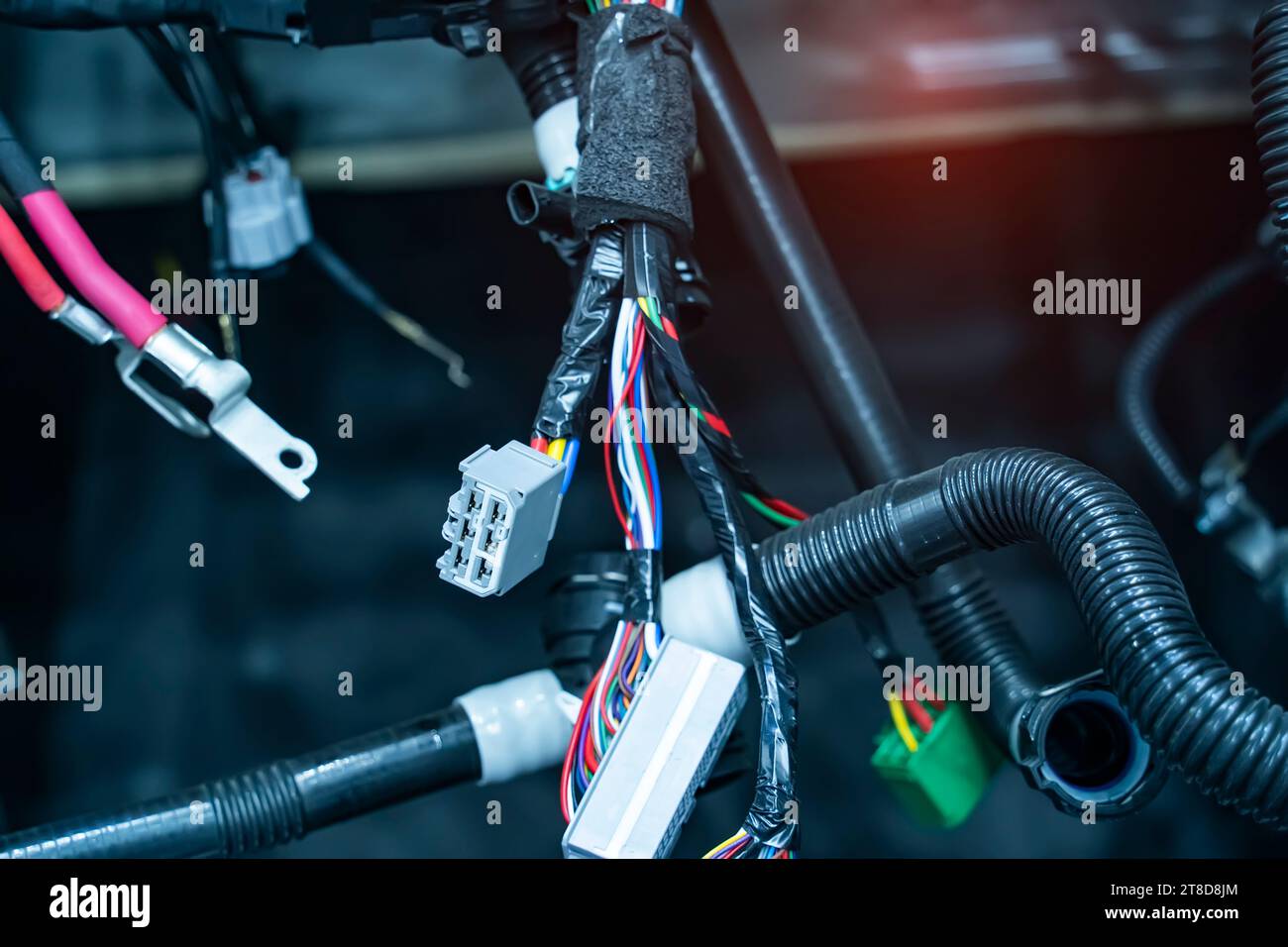 Large wide cable with wires and connectors and terminals in the wiring