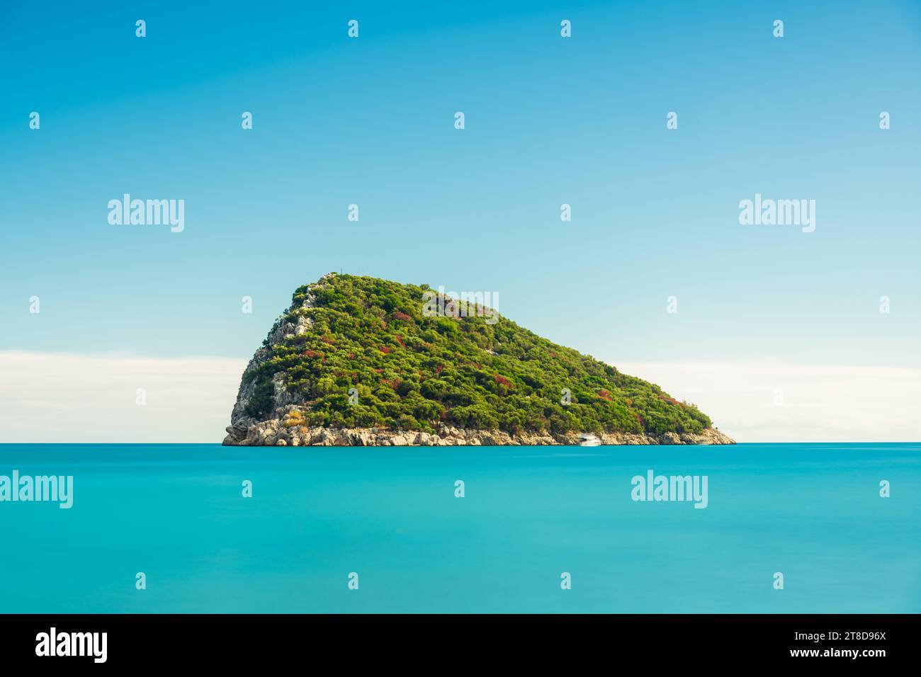 Long exposure photo of Antalya Sican Island with the beach Stock Photo
