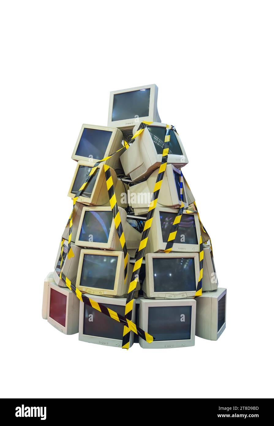 Electronic waste a large pile of unwanted computer monitors with tape prohibited Stock Photo Alamy