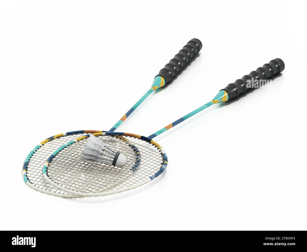 Badminton rackets and shuttlecock isolated on white background. 3D ...