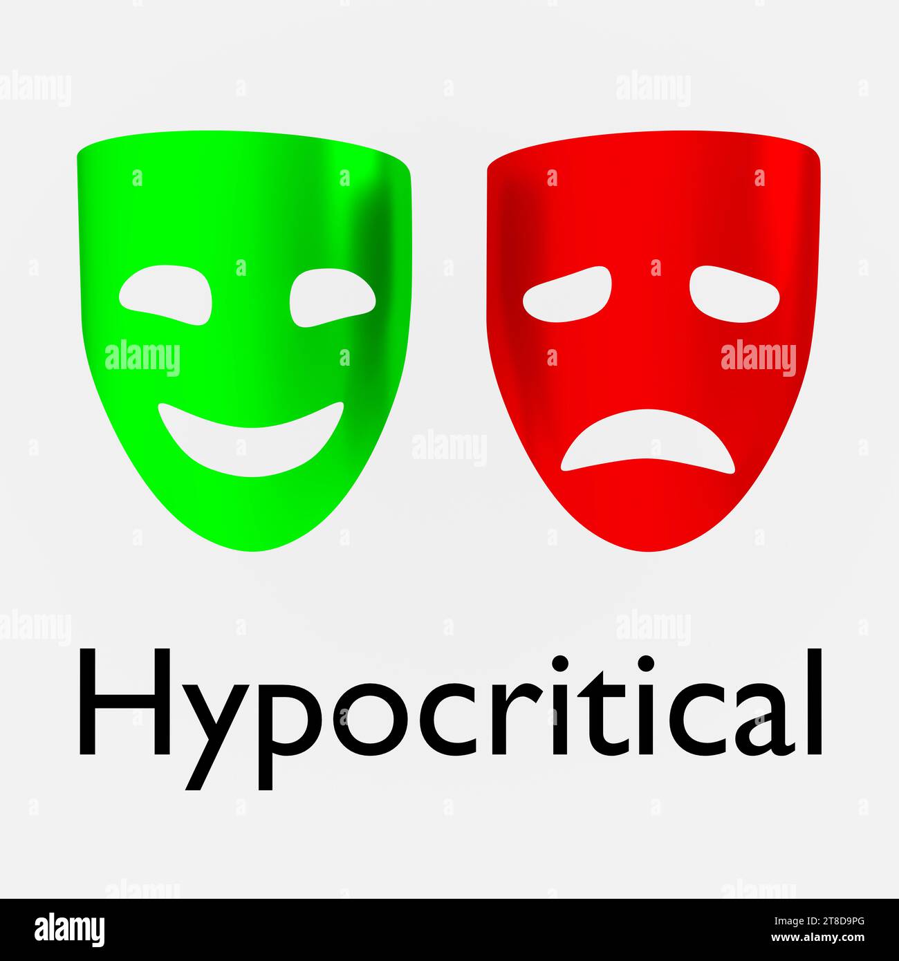 3D illustration of green and red masks, titled as Hypocritical. Stock Photo
