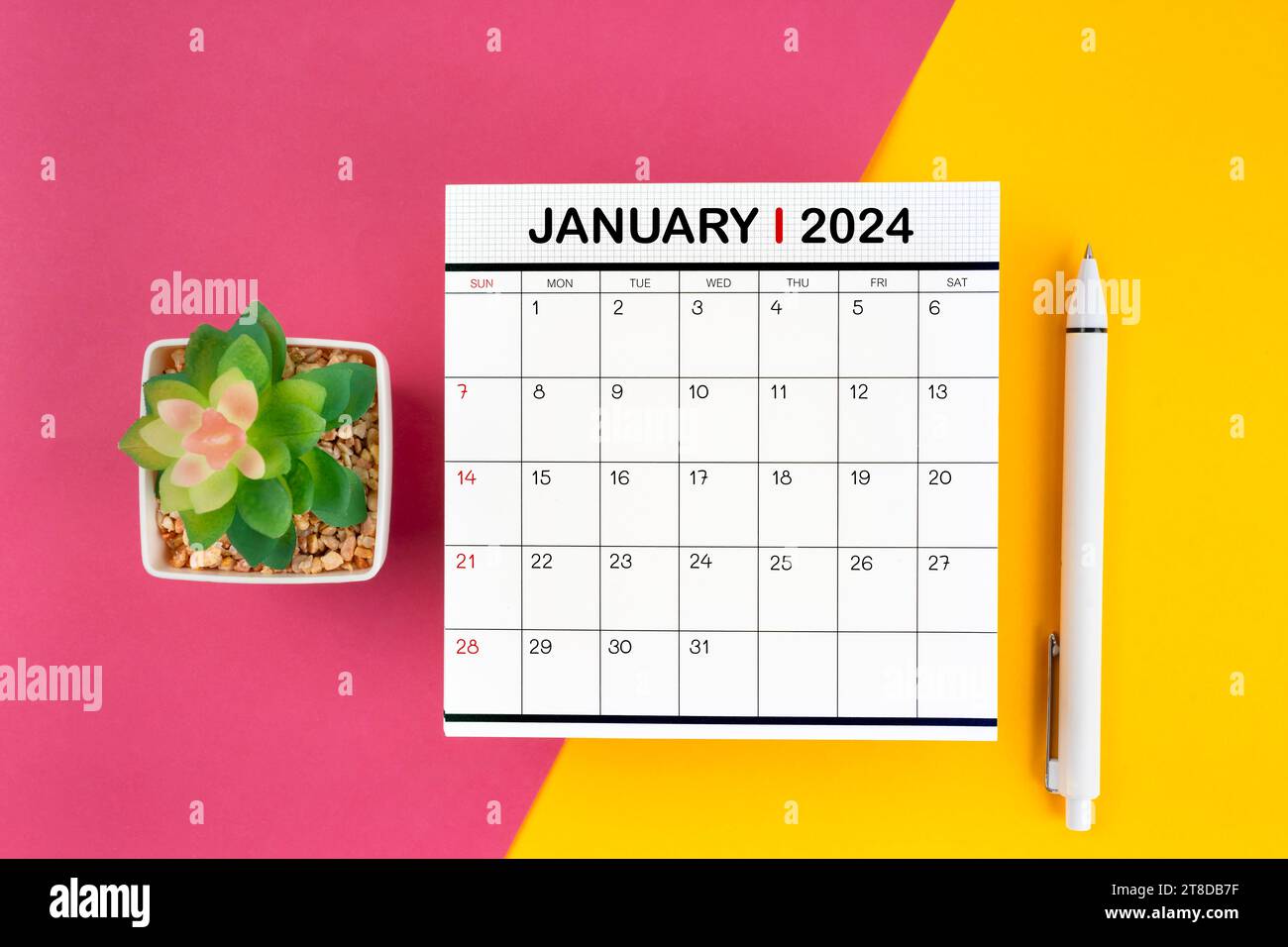 White calendar for January 2024 and pen on beautiful background ...