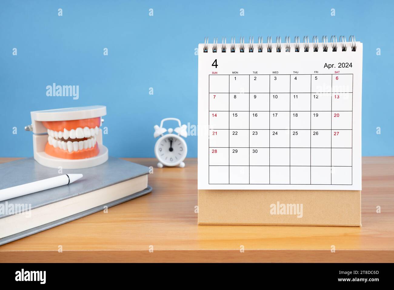 April monthly desk calendar for 2024 year and model dentures on the table.  Dental health concepts Stock Photo - Alamy