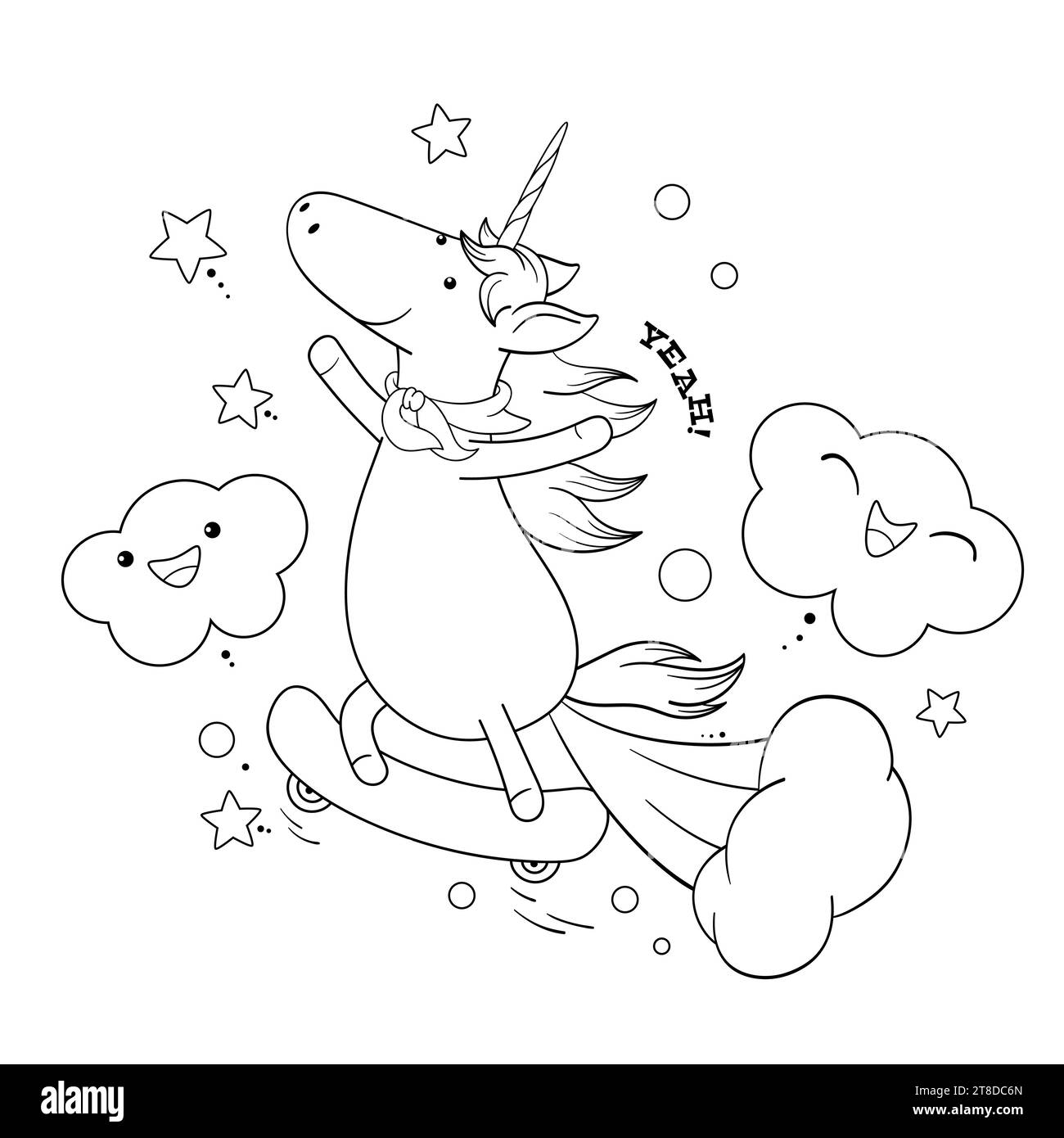 Cute unicorn rides a skateboard and farting with smoke exploding out from his bottom. Black and white pattern for coloring. Coloring book anti-stress Stock Photo