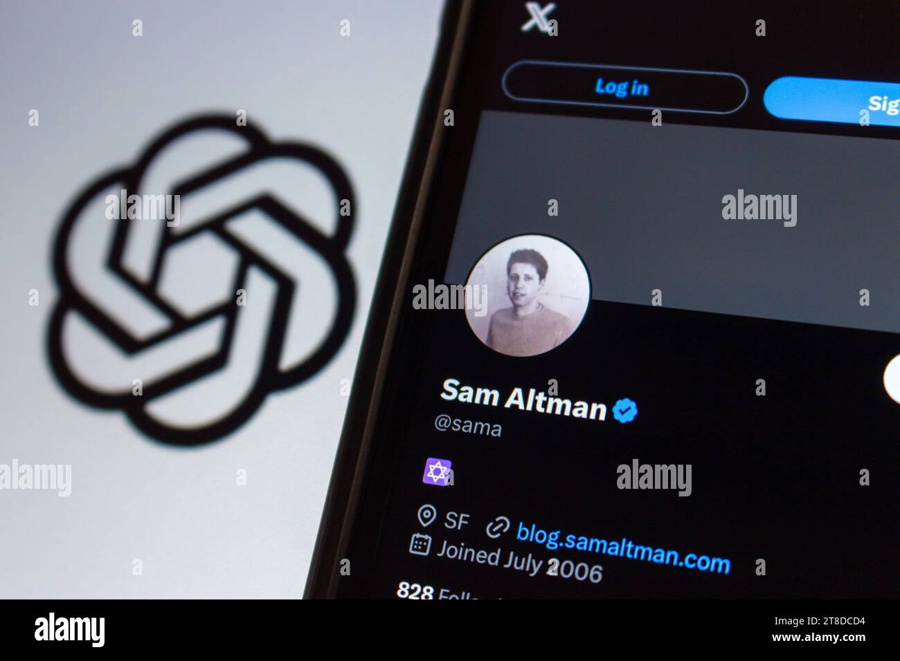 X account of Sam Altman seen in iPhone with OpenAI logo. Sam Altman is an US entrepreneur and investor. He served as CEO of OpenAI from 2019 to 2023 Stock Photo
