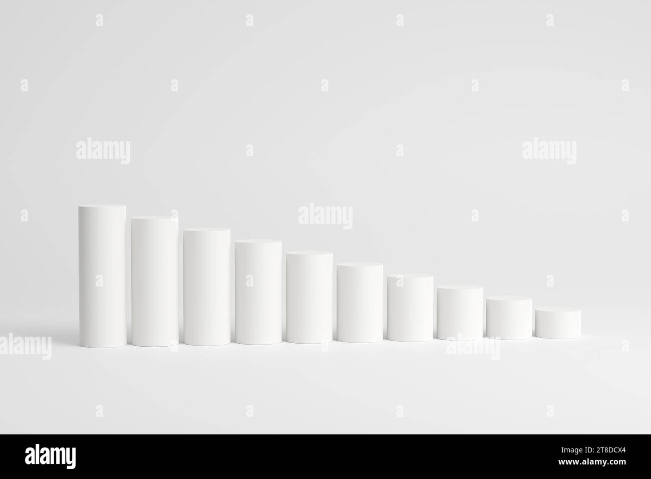 Descending white cylinder steps. Empty podium for product display. Bar chart and business decline or failure. Financial profit loss and economic crisi Stock Photo